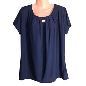 Emily Stacy Women's‎ Short Sleeve Blouse/Top Navy Blue Size 1X Gold Accent